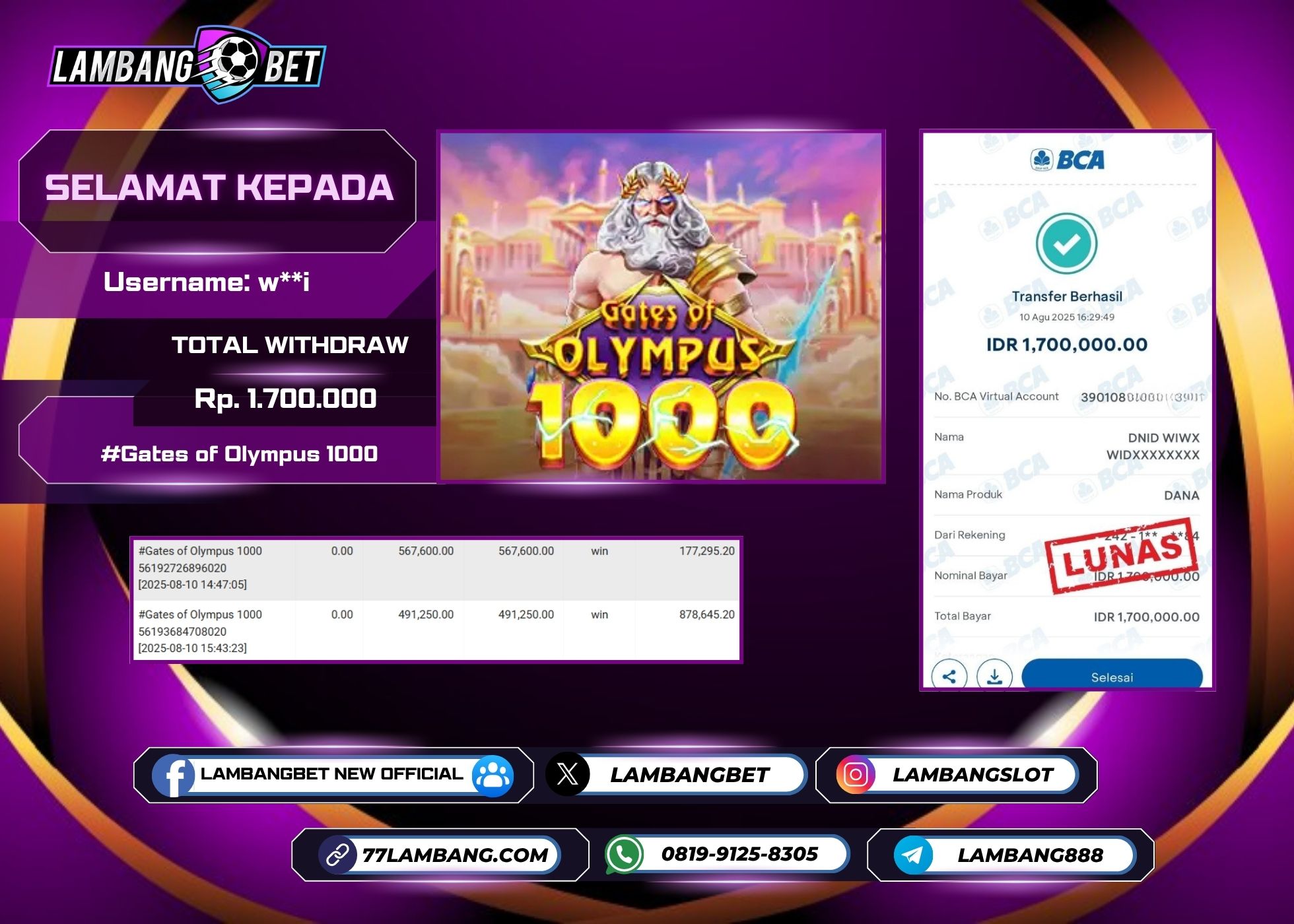 LAMBANGBET [10 AUGUST 2025] JACKPOT SLOT Gates of Olympus 1000 "Rp1.700.000" LUNAS